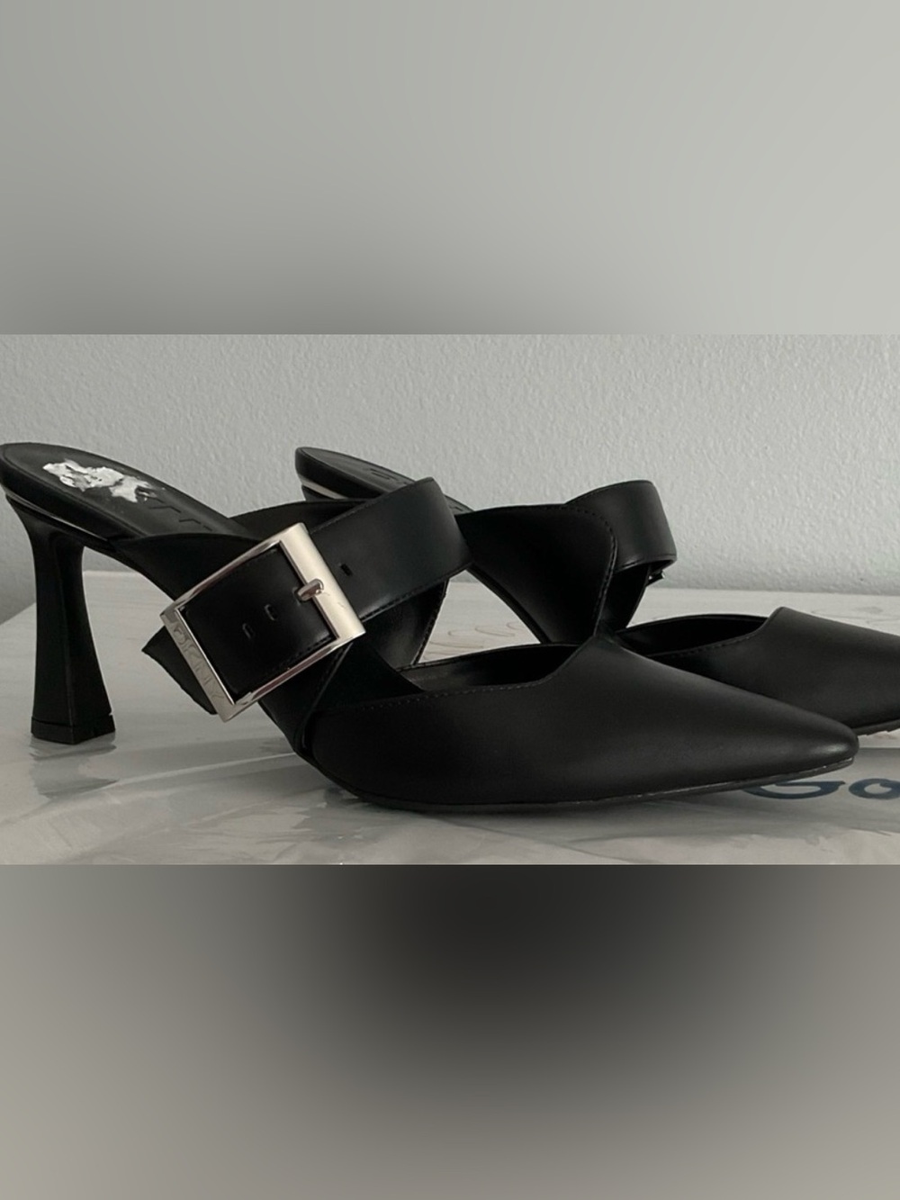 DKNY Nalani black heeled mules with silver buckle New